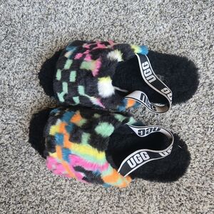 UGG Pink and Green Fluffy Slippers Vibrant Design Size 8